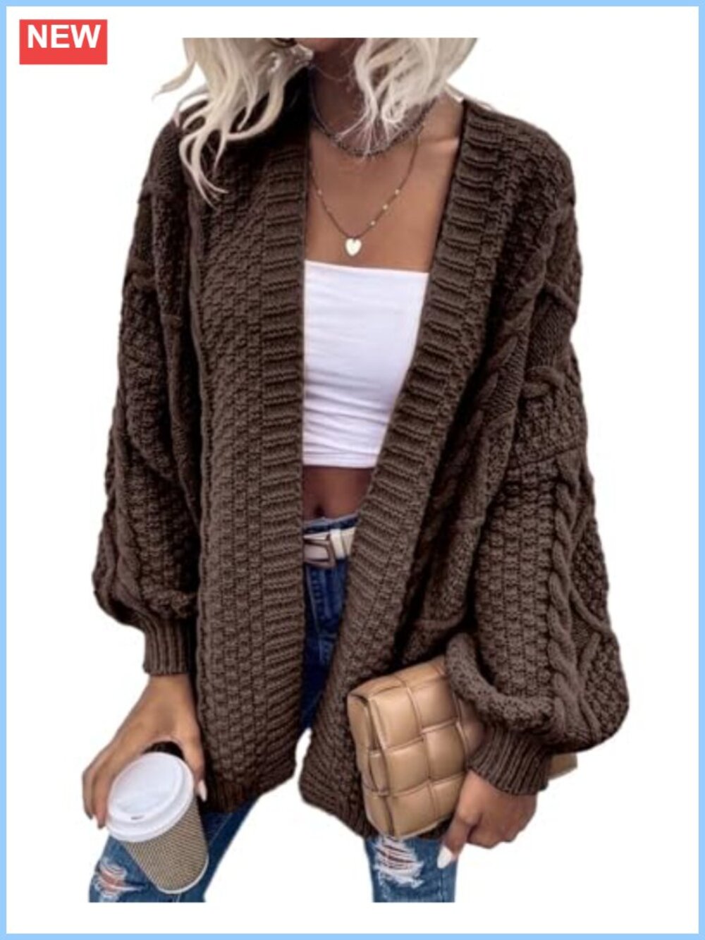 Womens Oversized Chunky Cable Knit Cardigan Open Front Lantern Sleeve Fall